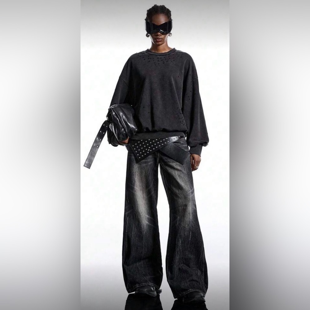 Rhinestone Black Acid Wash Long-Sleeve Shirt | XS | Cotton | NWT | Oversize - Picture 6 of 9